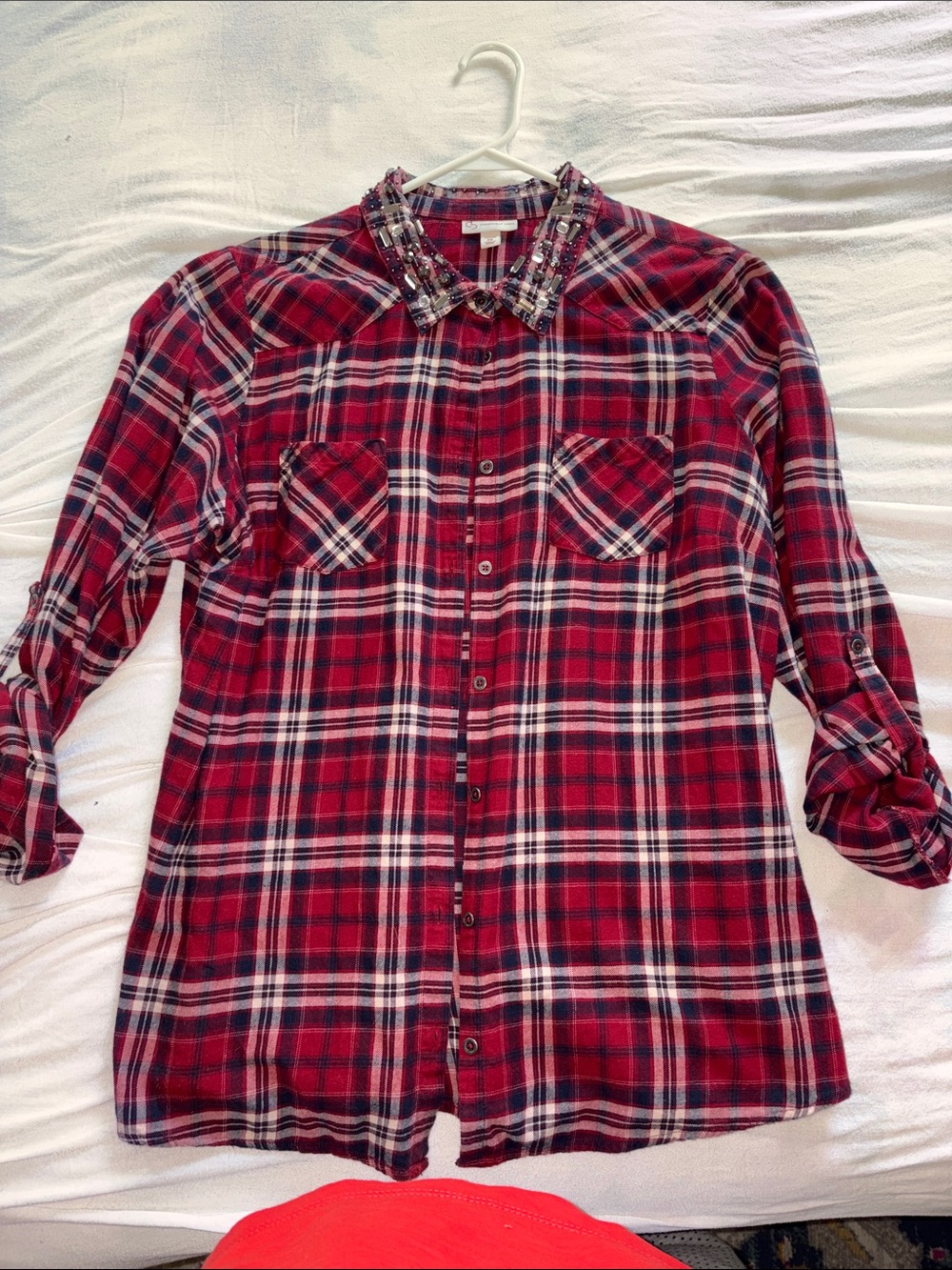 Men's Red Plaid Button-Down Shirt with Embellished Collar